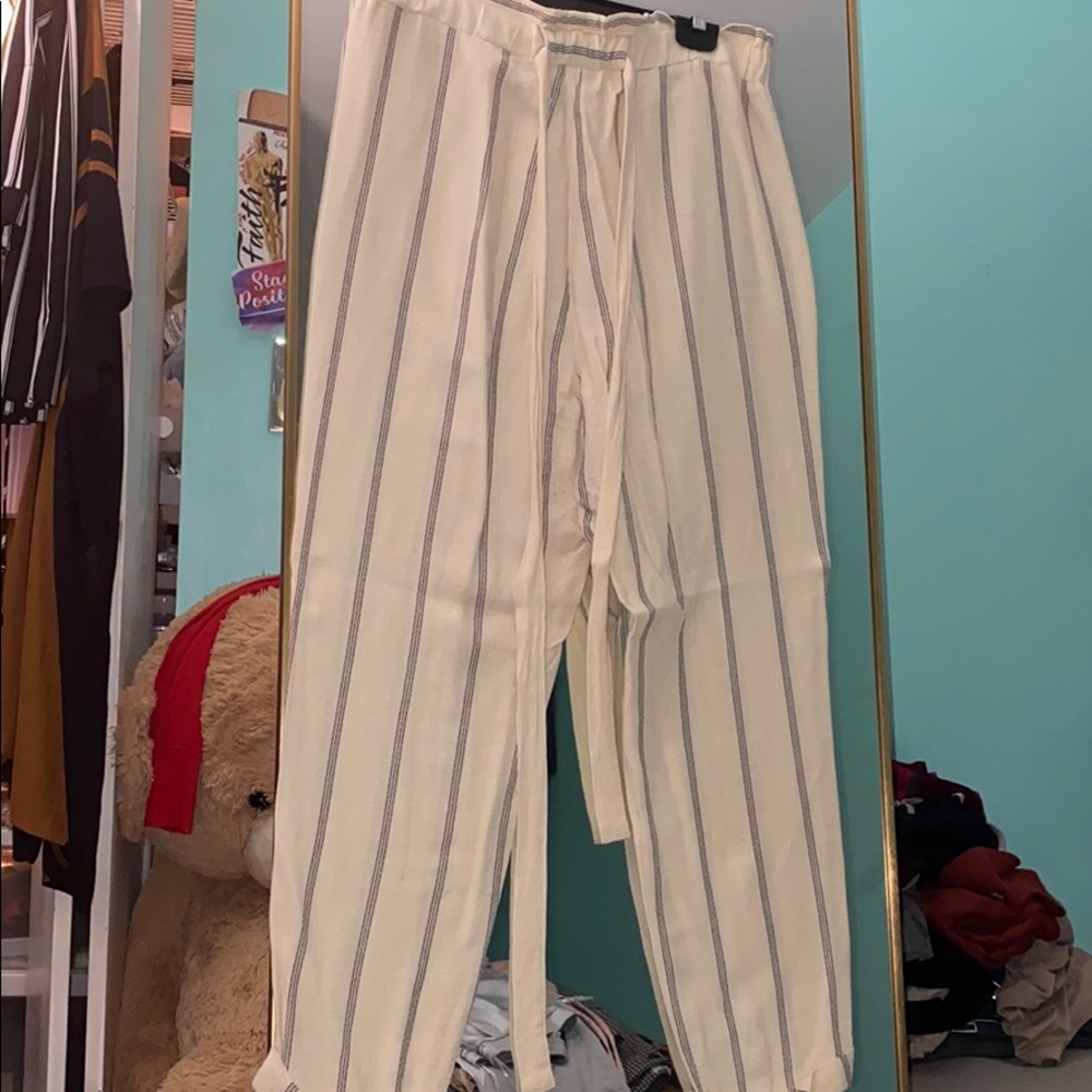 Blue pinstripe paper bag pant